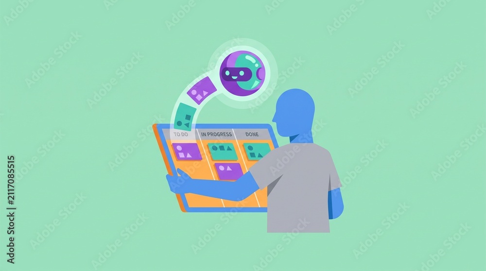 Fototapeta premium AI Bot Automating Task Management on Digital Kanban Board Flat Vector Illustration