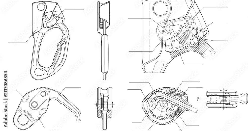 Obraz premium Mechanical Rope Ascender Line Technical Drawing with Internal Components and Cross Section Views