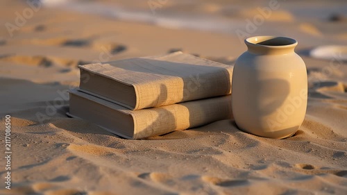 Two old books and a ceramic vase resting on a sandy beach with soft sunlight and gentle waves in the background