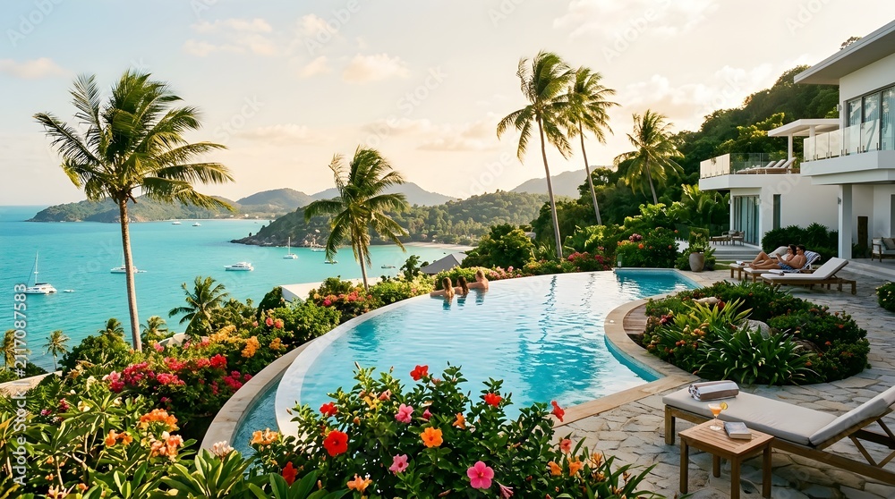 Fototapeta premium Luxury Infinity Pool Overlooks Tropical Bay with Yachts and People Relaxing in Villas