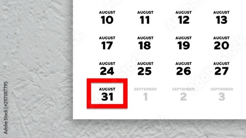 Red cursor highlighting August 31st on a 2026 wall calendar page