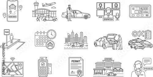 Konstfotografi Taxi Transportation Service Line Icon Set with Booking, Airport Transfer and Dis