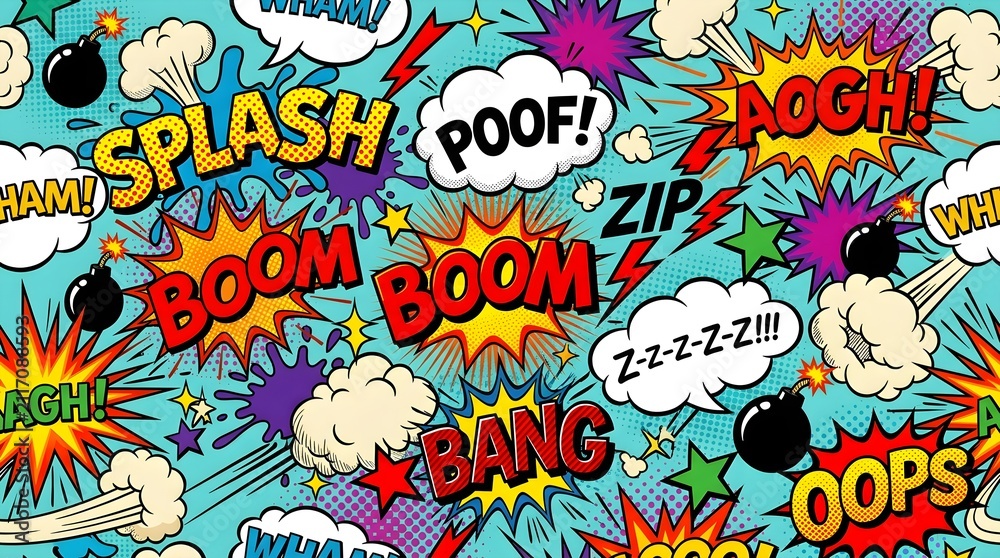 Fototapeta premium Retro pop art comic design elements set speech bubbles sound effects halftones