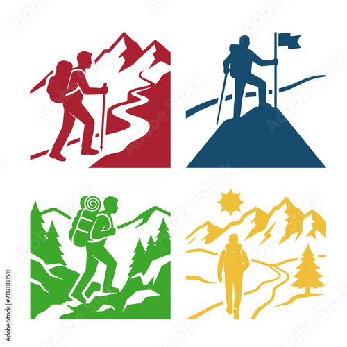 Hiking Trekking Icon Set Mountain Adventure Outdoor Collection