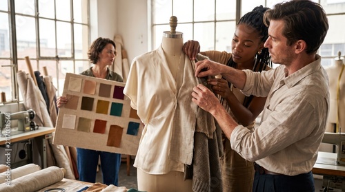 Male and female tailors adjusting fabric on a dress form while a colleague holds color swatches board.