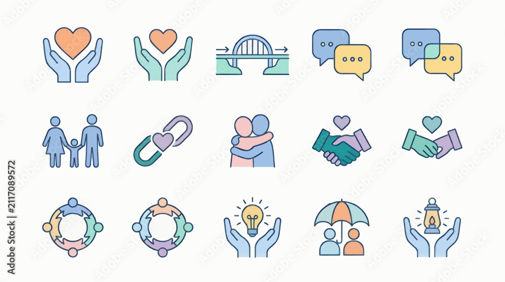 Fototapeta premium Set of 9 Flat Vector Icons Representing Social Connection, Support, and Community Concepts, Including Hands Holding Hearts, Family, Bridge, Chat Bubbles, Link, Hugs, Handshakes, and Umbrella