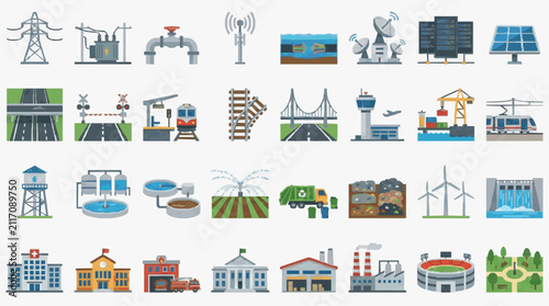 Minimalist Colorful Icons Set of Infrastructure Utilities Transportation Energy and Public Buildings