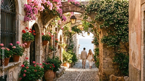 hidden Mediterranean street with flowers and warm sunlight