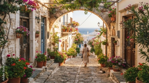 hidden Mediterranean street with flowers and warm sunlight