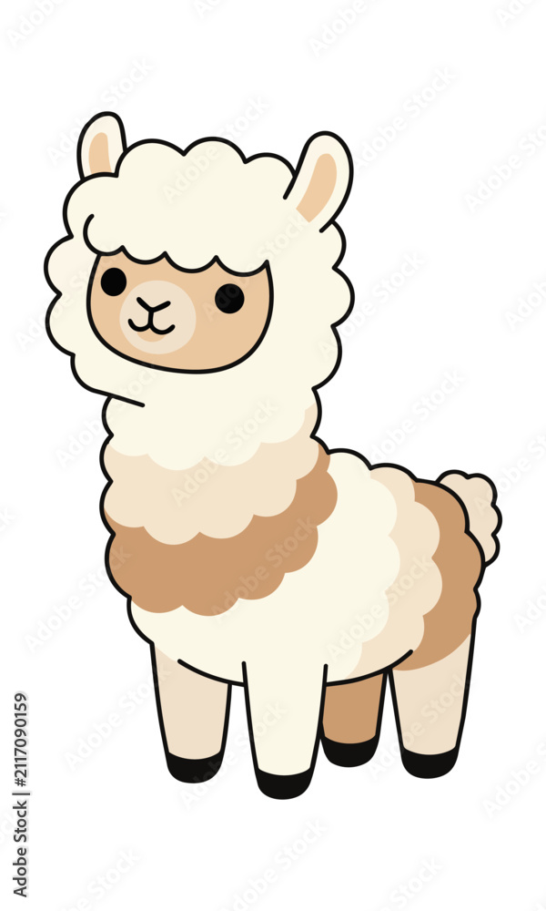 Naklejka premium Cute fluffy alpaca standing in a friendly pose with smooth rounded forms and bold flat colors isolated on white background animal mascot concept