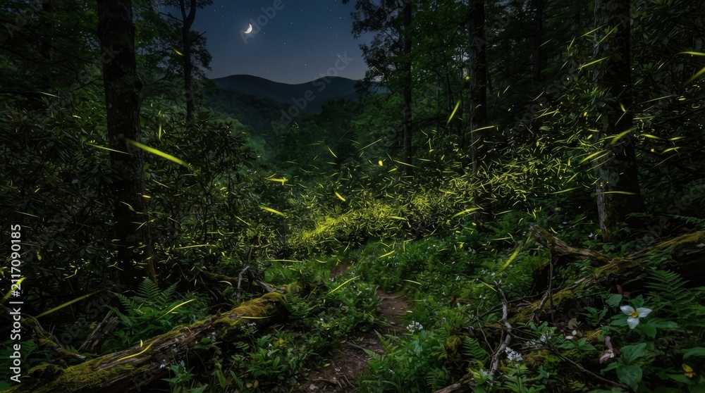Fototapeta premium Fireflies Glowing Among Plants in Moonlit Woodland