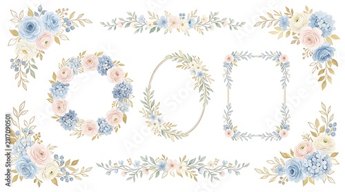 Watercolor floral collection with blue and pink roses, hydrangeas, foliage, wreaths, and frames on a white background