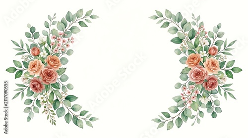 Watercolor floral frame with peach roses and green eucalyptus leaves, symmetrical botanical arrangement on white background