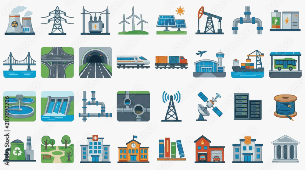 Fototapeta premium Dynamic Illustrated Icons Set Featuring Energy Infrastructure Technology and Urban Life Elements in Vibrant Colors