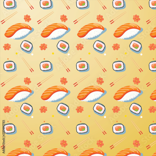 Japanese food pattern background, sushi and flower motifs