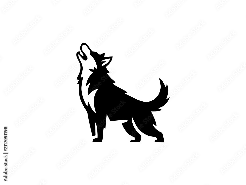 Fototapeta premium Minimalist black and white silhouette icon of a howling wolf standing.