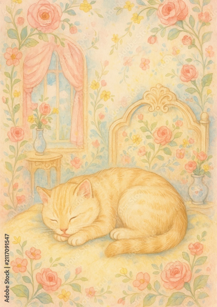 Fototapeta premium Whimsical cat in floral setting.