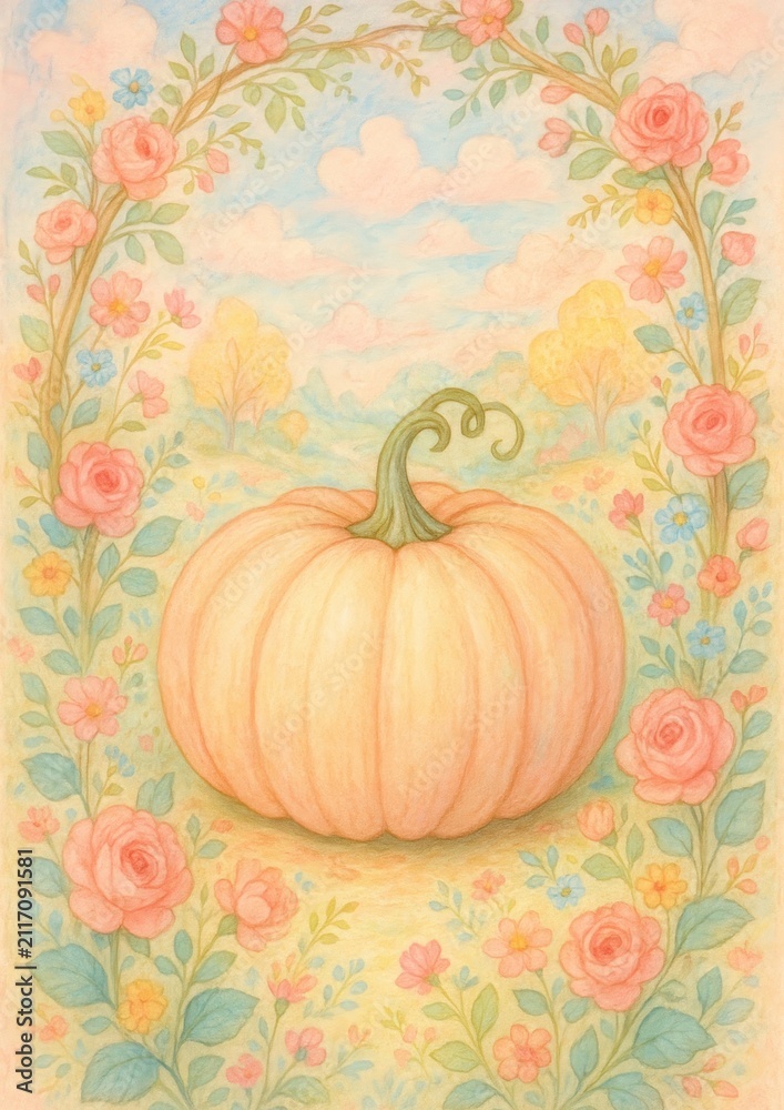 Fototapeta premium Whimsical pumpkin floral scene