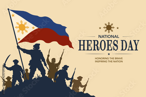 Photography Philippines National Heroes Day background featuring silhouettes of Filipino revolutionaries raising the national flag