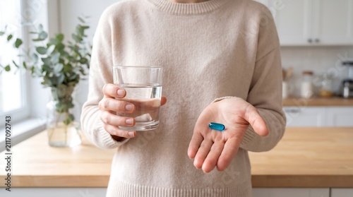 A person holds a glass of water and a blue pill in their hand, ready to take medication.