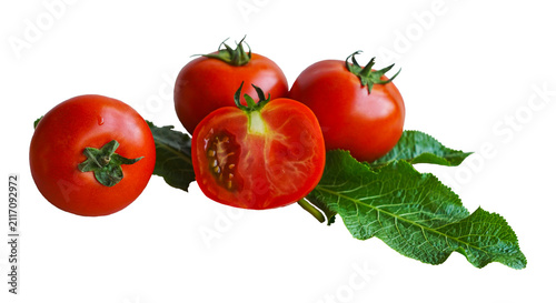 Картината върху платно Tomatoes and horseradish leaves on a white background