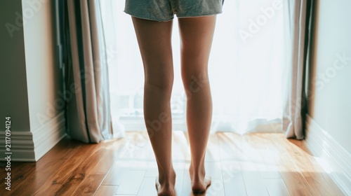 Anonymous legs in workout shorts on wood.