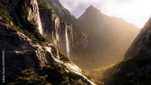 Majestic Waterfall Valley: A breathtaking vista of towering cliffs and cascading waterfalls, bathed in the ethereal glow of sunrise or sunset, creating a scene of unparalleled natural beauty.