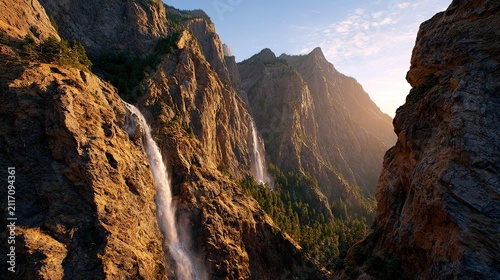 Majestic Mountain Waterfalls: A breathtaking view of cascading waterfalls flowing down rugged, sun-kissed mountain cliffs, surrounded by lush green pine trees under a clear blue sky.