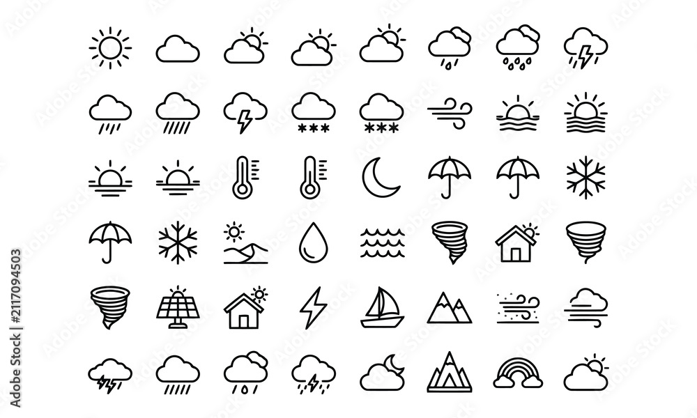 Obraz premium A comprehensive collection of diverse weather forecast outline icons, depicting sun, clouds, rain, snow, wind, and temperature, perfect for meteorological applications.