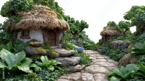 Enchanted Forest Dwelling: A charming pathway meanders through an overgrown, magical forest, leading to quaint, thatched-roof cottages nestled amongst lush greenery and moss-covered stones.