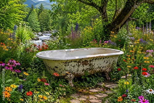 Bañera antigua en jardín silvestre