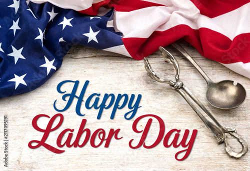Happy labor day celebration with american flag and vintage ice cream scoop on wooden background