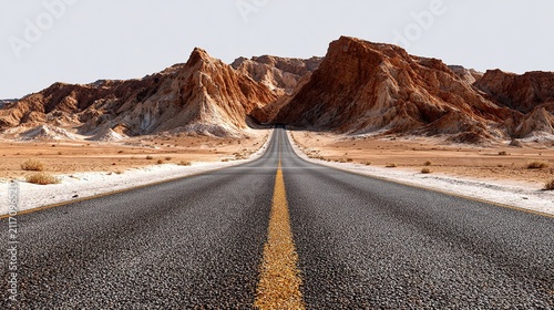 Endless Horizon: An empty asphalt road stretches towards a majestic mountain range under a clear sky, symbolizing journey, exploration, and the pursuit of distant goals.