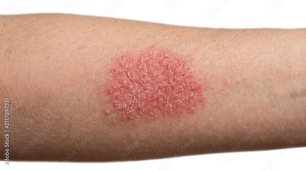 Fototapeta premium Close up of dry flaky skin patch on human arm, symptoms of psoriasis, eczema or ringworm fungal infection