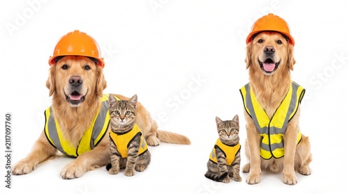 golden retriever wearing a construction helmet and a small kitten with a safety vest perfect for International Workers' Day promotions. on transparent background
