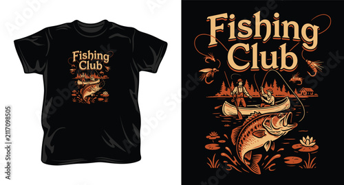 Fishing hobby design with people in boat catching bass for outdoor apparel print.