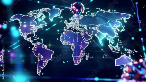Digital glowing world map with interconnected data points and glowing lines representing global network connections