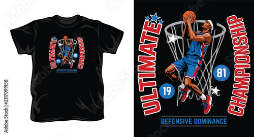 Basketball player dunking ball on street t-shirt design with ultimate championship typography and athlete illustration.