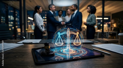 Digital Scales of Justice on Tablet with Business Partners Discussing Legal Agreement