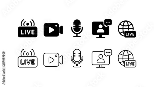 Live Streaming and Video Conference Icon Set in Silhouette and Outline Styles