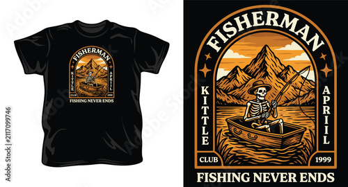 Skeleton fisherman in boat t-shirt design with mountain landscape and fishing never ends quote illustration.