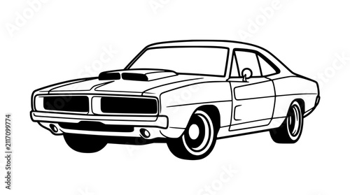 Classic American Muscle Car Outline Drawing, Retro Sports Coupe Vector Art