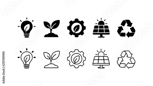 Sustainability and Renewable Energy Icon Set in Silhouette and Outline Styles