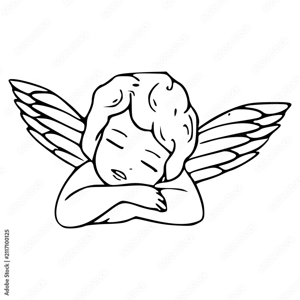 Obraz premium sleeping cherub angel with wings line art illustration isolated on white background