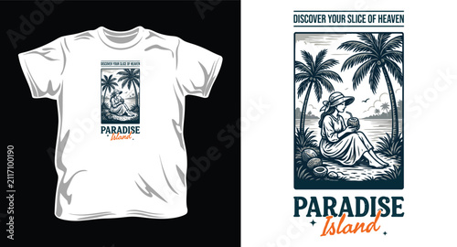 Paradise island t-shirt design with woman drinking coconut on tropical beach and palm trees illustration.