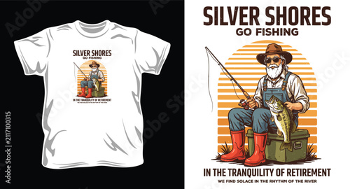 Old man sitting on a box fishing and catching fish with vintage sunset background, silver shores text.