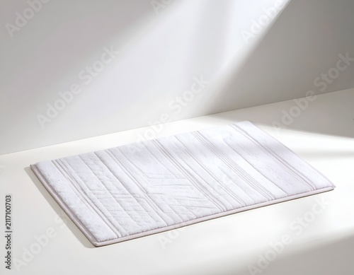 White Rectangular Bathroom Rug with Textured Striped Pattern on Clean Floor