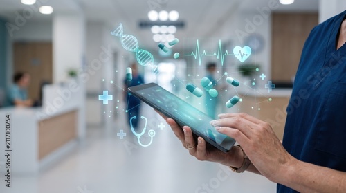 Doctor holding tablet with DNA strand pills and heart rate monitor in hospital, telemedicine consultation, digital healthcare innovation, medical treatment analysis