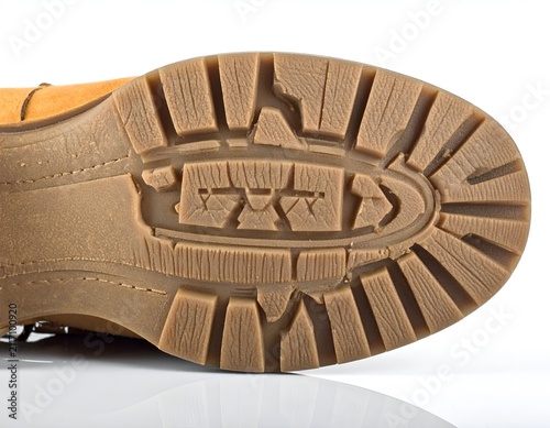 Bottom view of a tan suede work boot showing the textured rubber tread sole