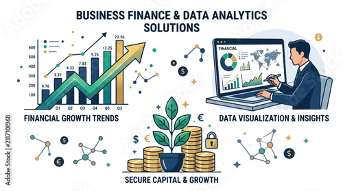 Modern Corporate Finance and Data Analytics Flat Vector Illustration Showing Growth Chart, Business Laptop Dashboard, and Coin Plant Isolated